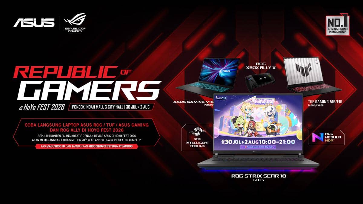 Area ROG dalam rangka HoYo Festival 2026 di Indonesia, menampilkan kehadiran merek gaming tersebut di acara.