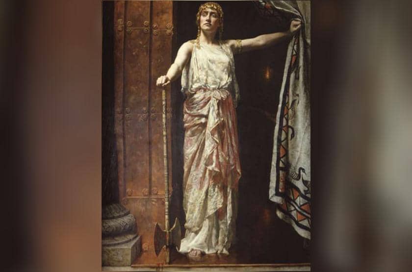 Lukisan ini menunjukkan Ratu Clytemnestra setelah membunuh suaminya, Agamemnon, sekembalinya dari perang Troya.