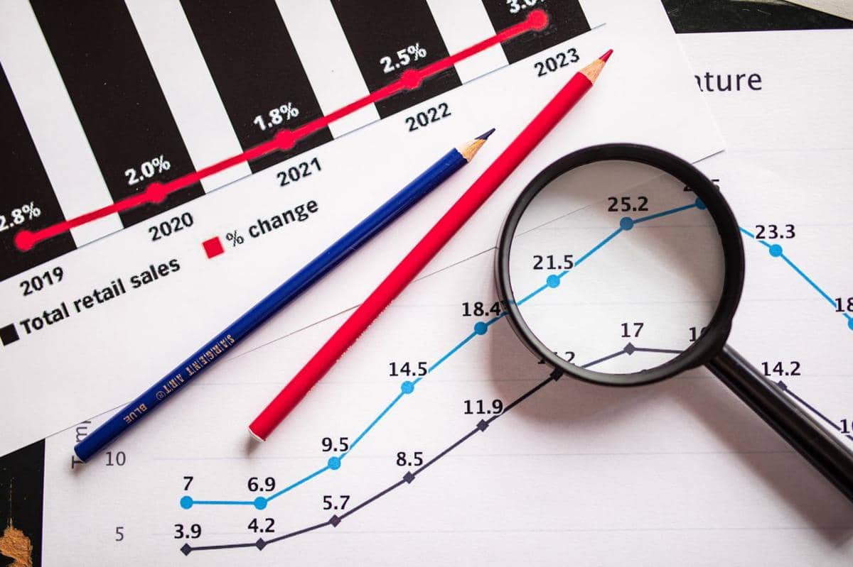 ilustrasi kaca pembesar dan pensil warna pada grafik tren keuangan yang menyoroti pertumbuhan penjualan