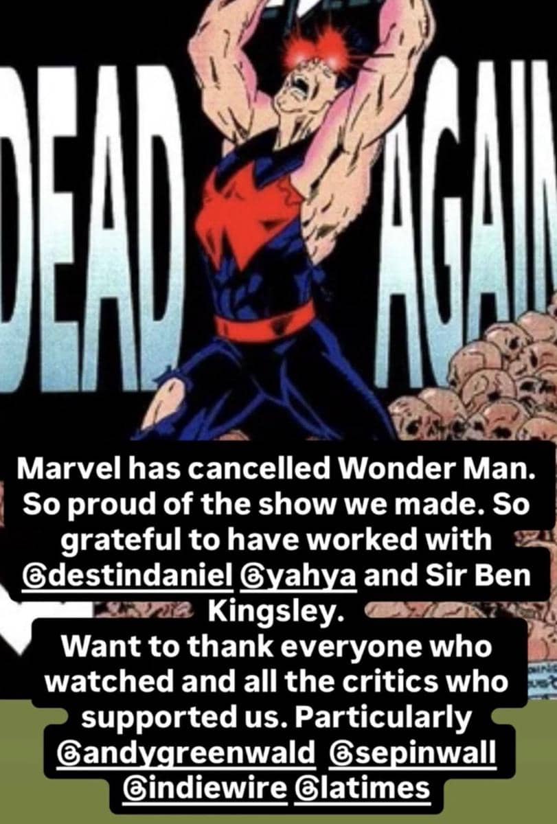 Tangkapan layar unggahan Instagram Andrew Guest berisi klarifikasi penulis kepala terkait serial Wonder Man.