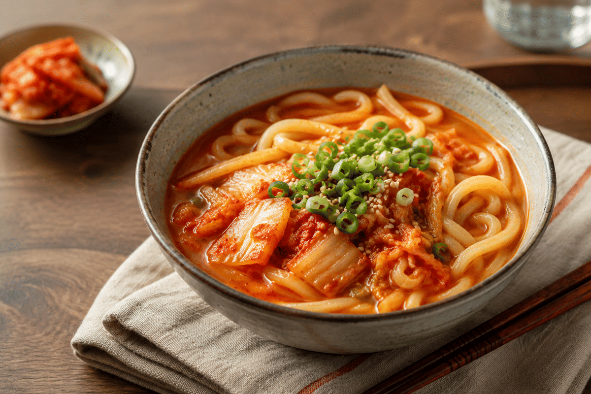 Ilustrasi semangkuk kimchi udon, sajian mi udon dengan kimchi dalam kuah hangat berwarna kemerahan yang nikmat.