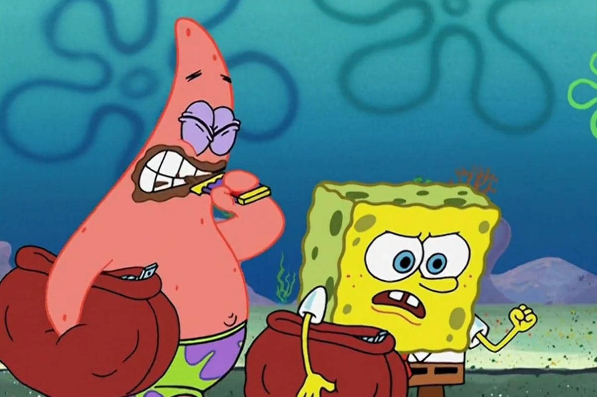 SpongeBob dan Patrick kesulitan menemukan pelanggan yang mau membeli cokelat-cokelat mereka