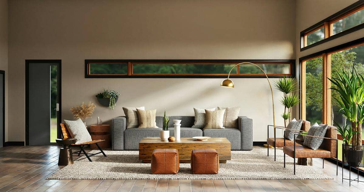 Ilustrasi ruang aesthetic dengan interior modern rapi, perpaduan furnitur dan dekorasi menciptakan suasana nyaman.