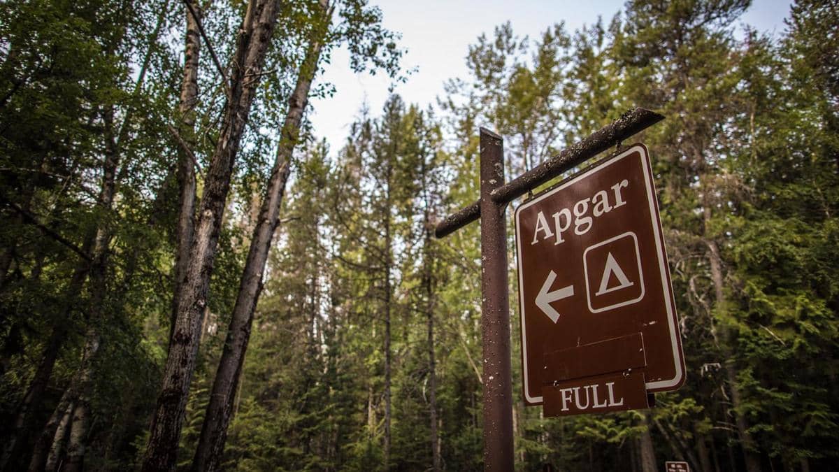 Papan masuk Apgar Campground bertuliskan penuh di kawasan hutan