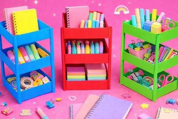 ilustrasi rak mini buku catatan dan alat tulis dari kardus bekas