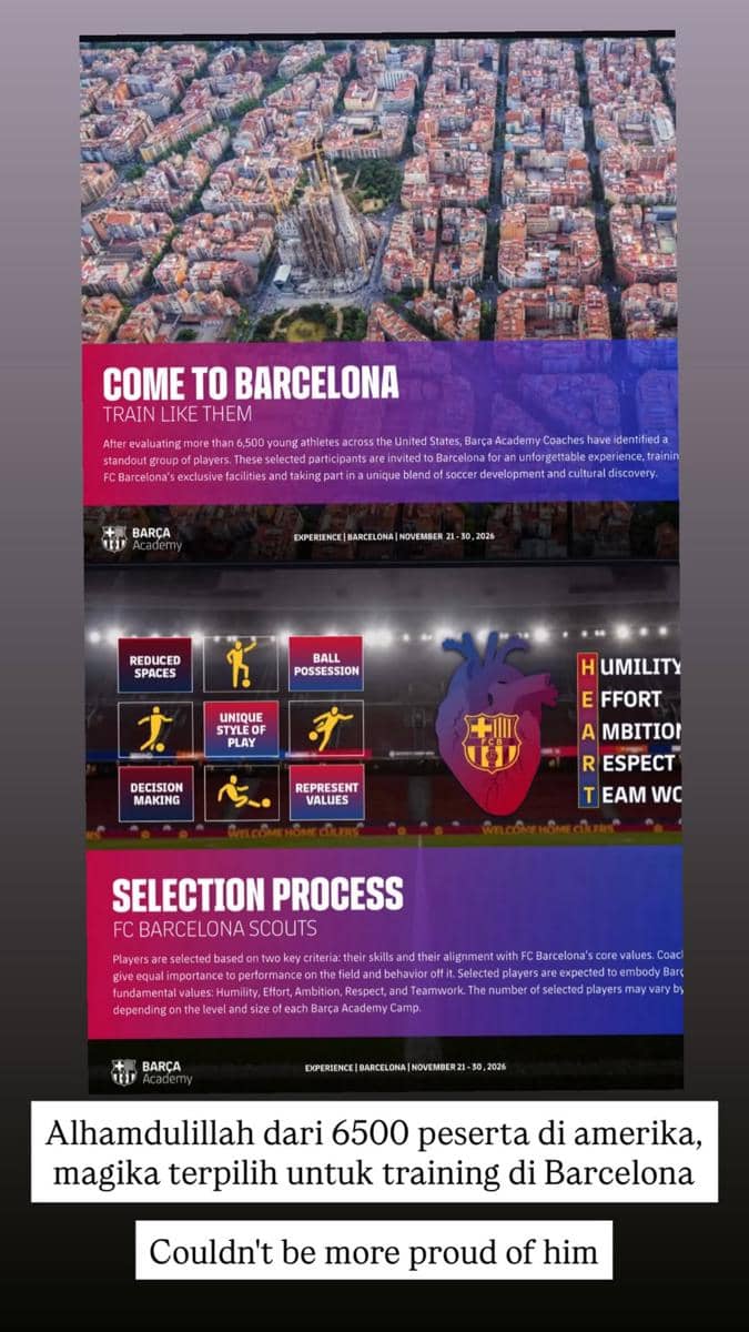 Nia Ramadhani menanggapi tuduhan bahwa anaknya lolos Barca Academy karena uang melalui unggahan Instagram.
