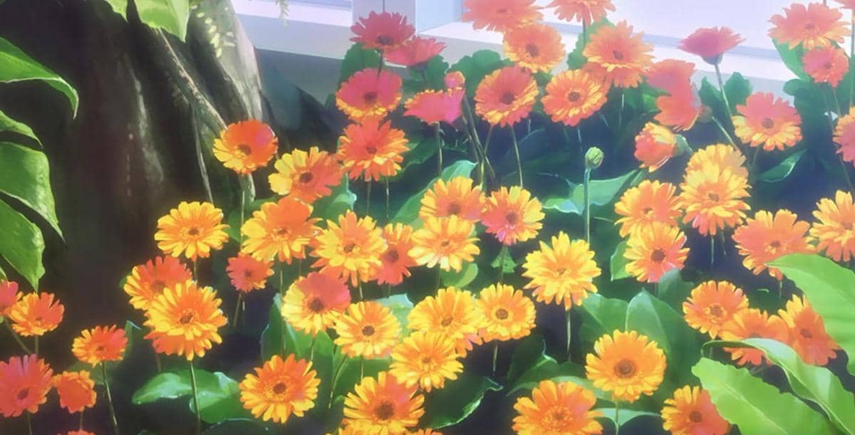 Ilustrasi bunga Gerbera dengan kelopak berlapis yang ditunjuk Tatsuki dalam adegan anime Bleach TYBW Part 4.