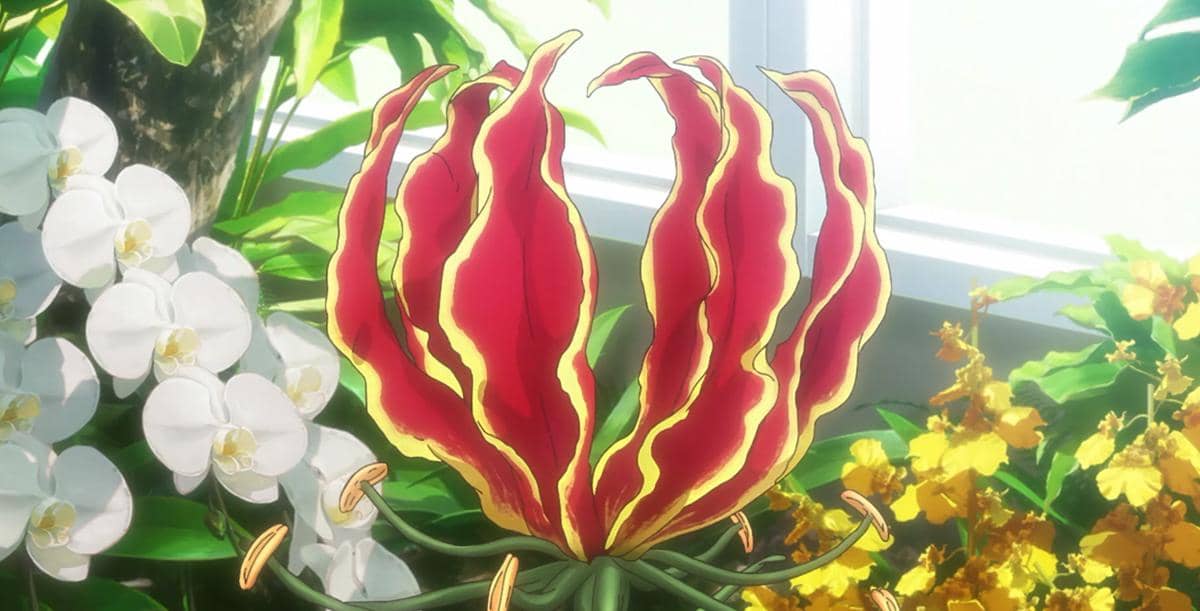 Ilustrasi bunga gloriosa lily yang oleh Orihime dianggap menyerupai Ichigo dalam Bleach TYBW Part 4.