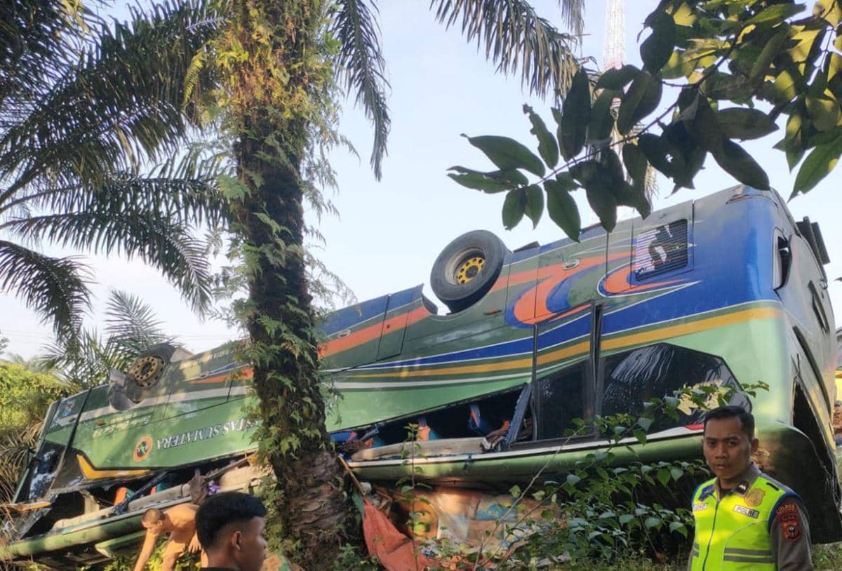Sopir Kurang Konsentrasi, Bus ALS Terbalik di Riau