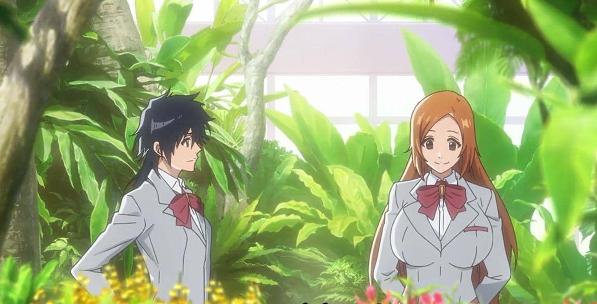 Orihime dan Tatsuki berbincang tentang Ichigo dalam versi bunga yang cerah di anime Bleach TYBW Part 4.