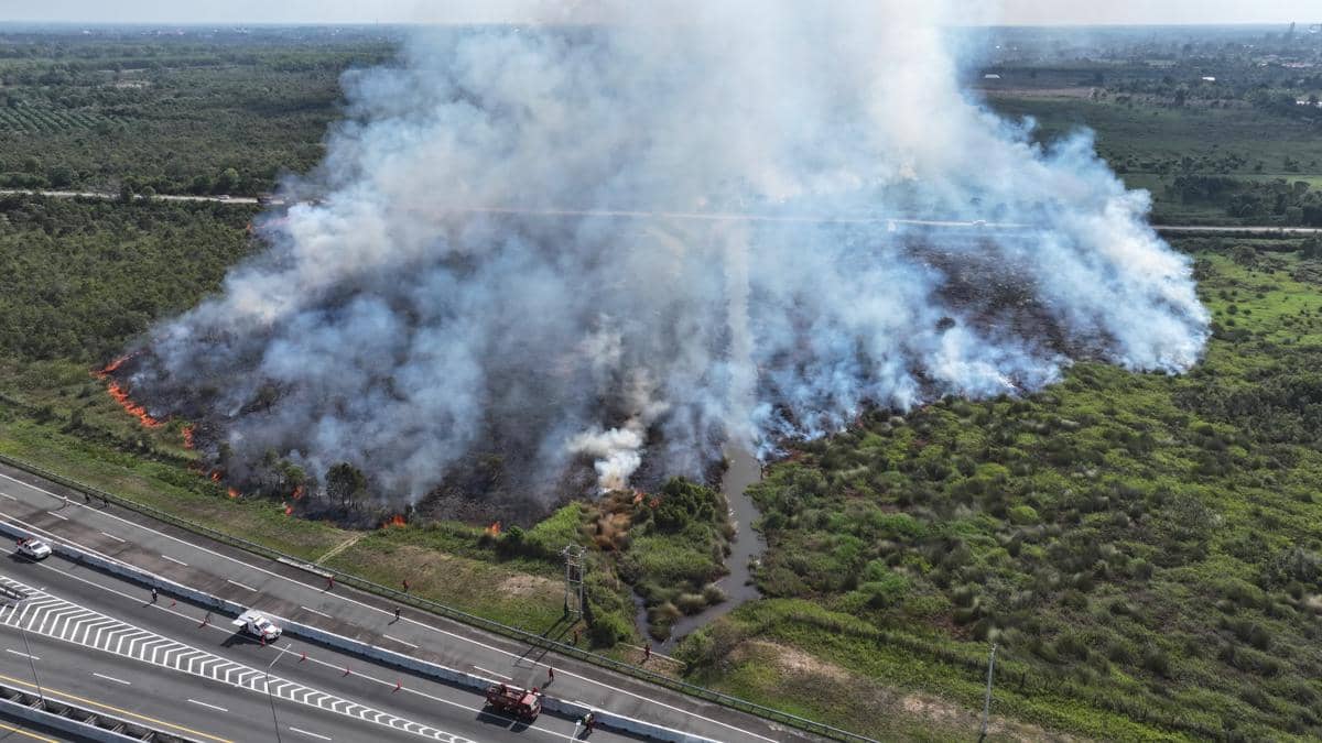 Kondisi Karhutla di Desa Palem Raya, asap nyaris masuk ke area Tol Palindra.