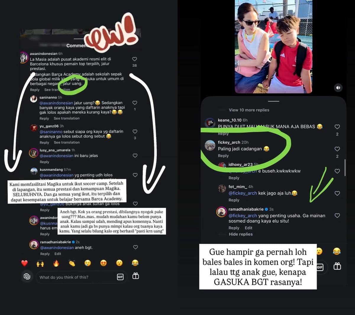 Nia Ramadhani menanggapi tudingan bahwa anaknya lolos ke Barca Academy karena uang, sebagaimana diunggah di Instagram.