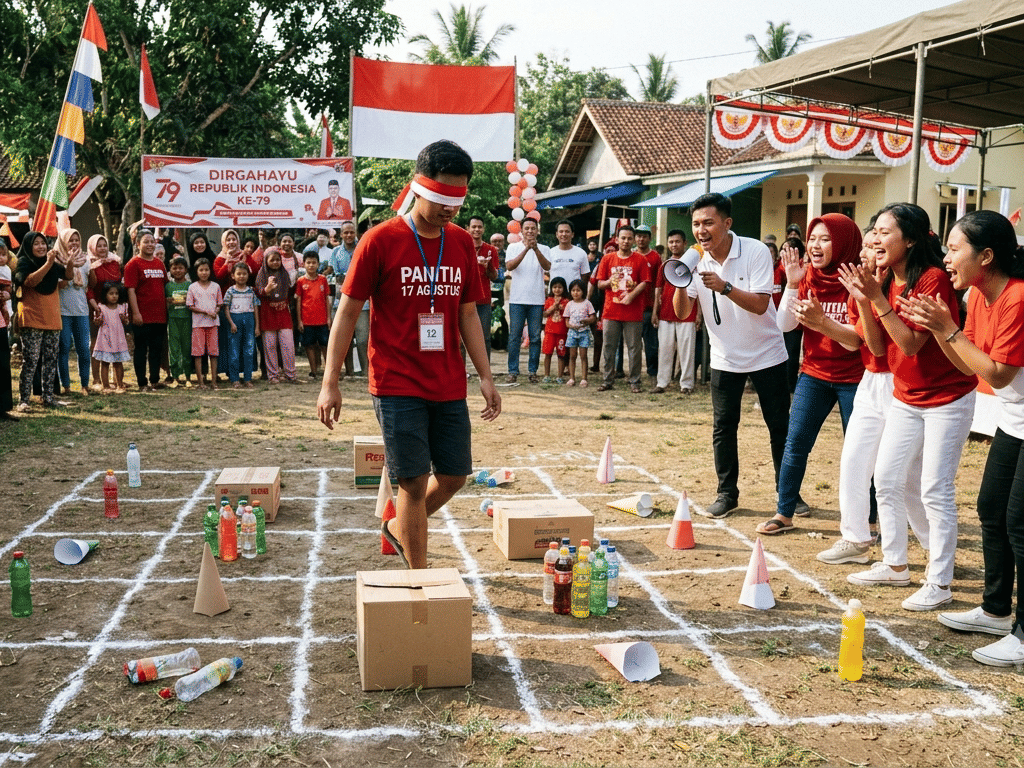 Ilustrasi AI bertema lomba 17-an yang menonjolkan adu otak dan strategi dalam suasana perayaan kemerdekaan.