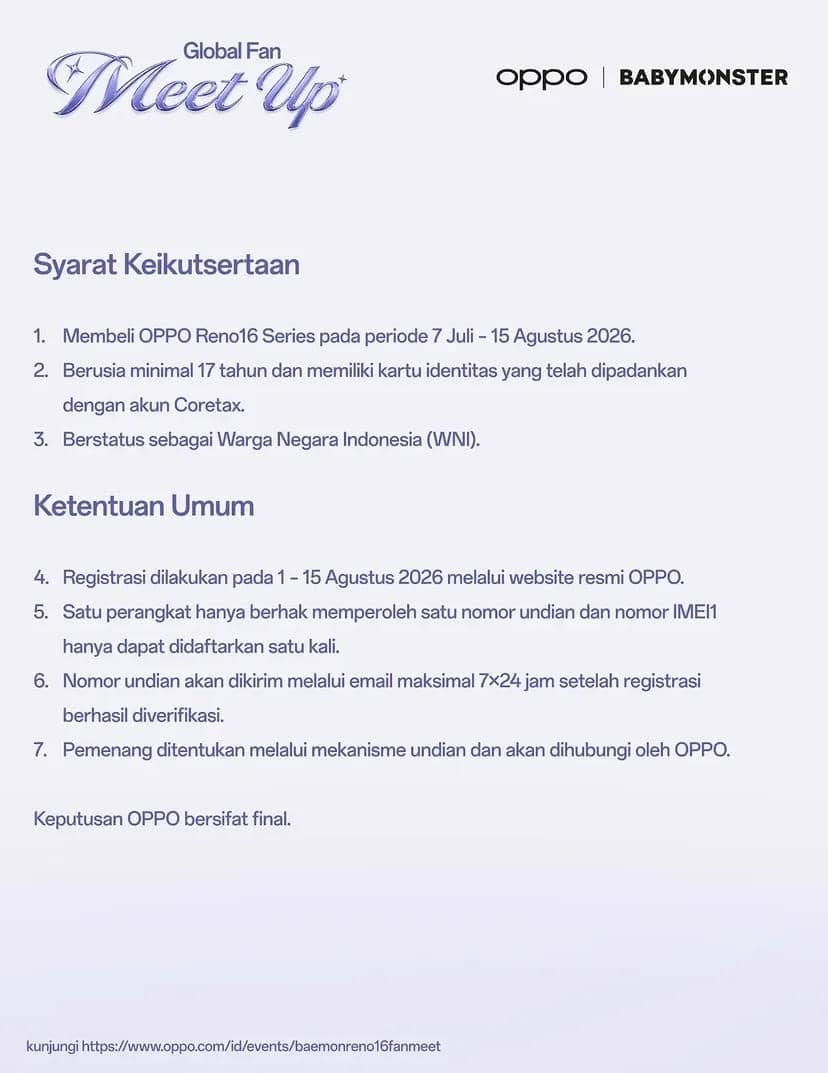 Materi promosi Global Fan Meet Up BABYMONSTER di Jakarta pada 2026 dari akun Instagram OPPO Indonesia.