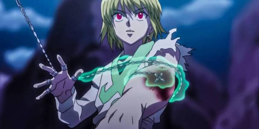 Ilustrasi Holy Chain milik Kurapika dari Hunter x Hunter, sebuah rantai perak untuk kemampuan penyembuhan.
