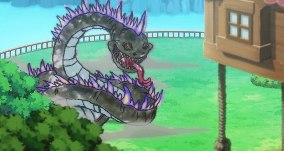 Ular Jormungandr meneror sekelompok anak-anak yang tampak ketakutan dalam adegan anime One Piece dari Toei.
