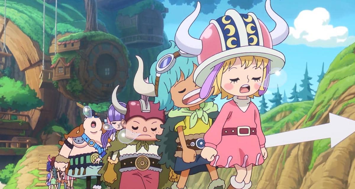 Para murid berjalan sambil tertidur mengikuti arah panah Gunko dalam adegan anime One Piece produksi Toei Animation.