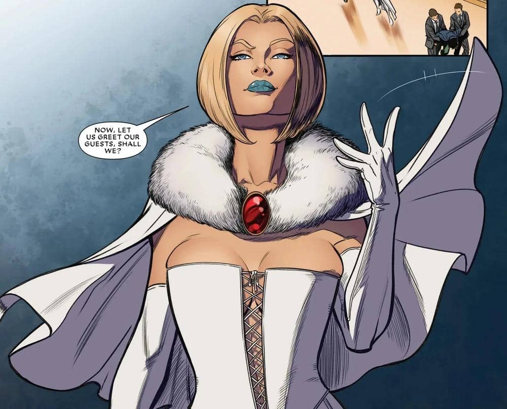 Potret ilustratif Emma Frost dari Marvel Comics, menampilkan karakter tersebut dalam karya seni bergaya komik.