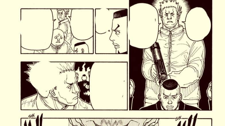 Benjamin memandang Danjin dengan ekspresi tertarik saat melihat efek latihan Kurapika dalam adegan Hunter x Hunter.