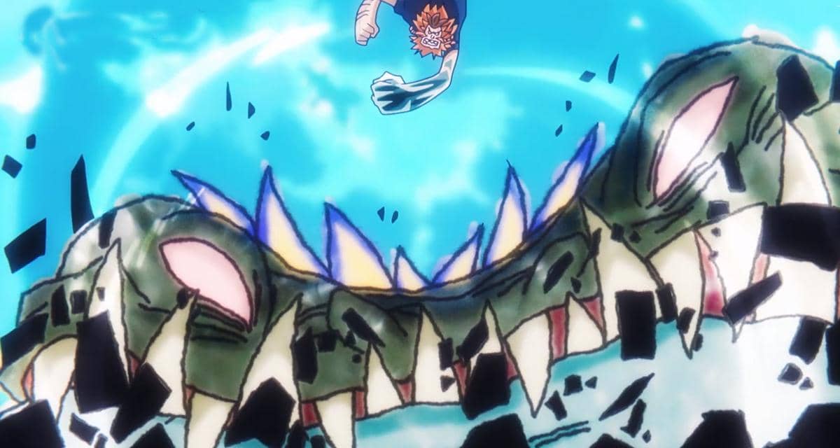 Saul menyerang Jormungandr dengan pukulan berlapis Haki dalam adegan anime One Piece produksi Toei.