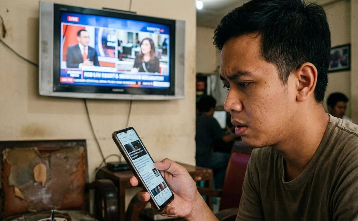 Seorang pria menatap layar ponsel dengan ekspresi bingung di depan televisi.