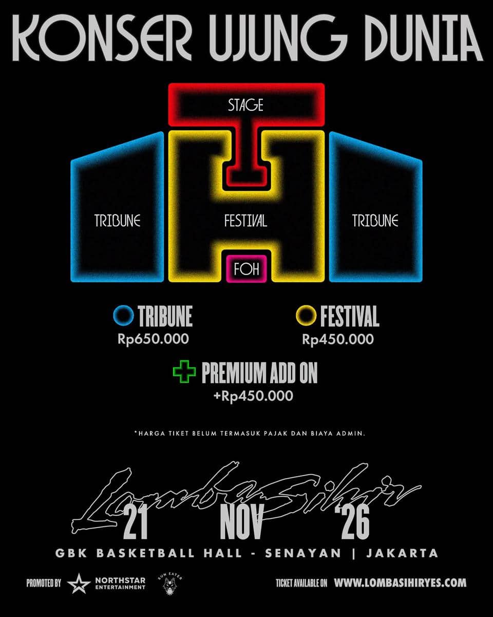 Poster Instagram Lomba Sihir untuk Konser Ujung Dunia memuat informasi harga tiket pertunjukan.
