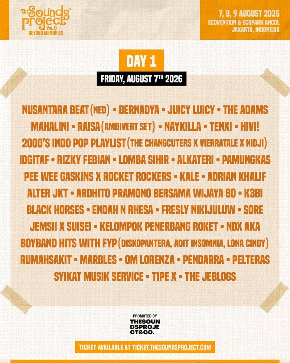 Rundown The Sounds Project Vol. 9 dengan jadwal penampilan musisi dan informasi acara dalam desain grafis.