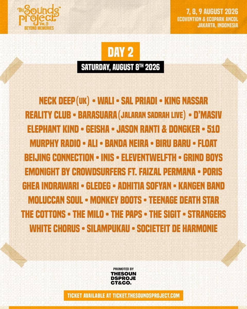 Poster rundown The Sounds Project Vol. 9 yang memuat jadwal penampilan para musisi selama festival berlangsung.
