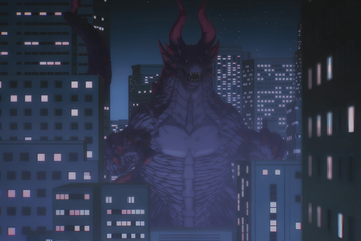 Visual Kuroe Akaishi dalam wujud kaiju.