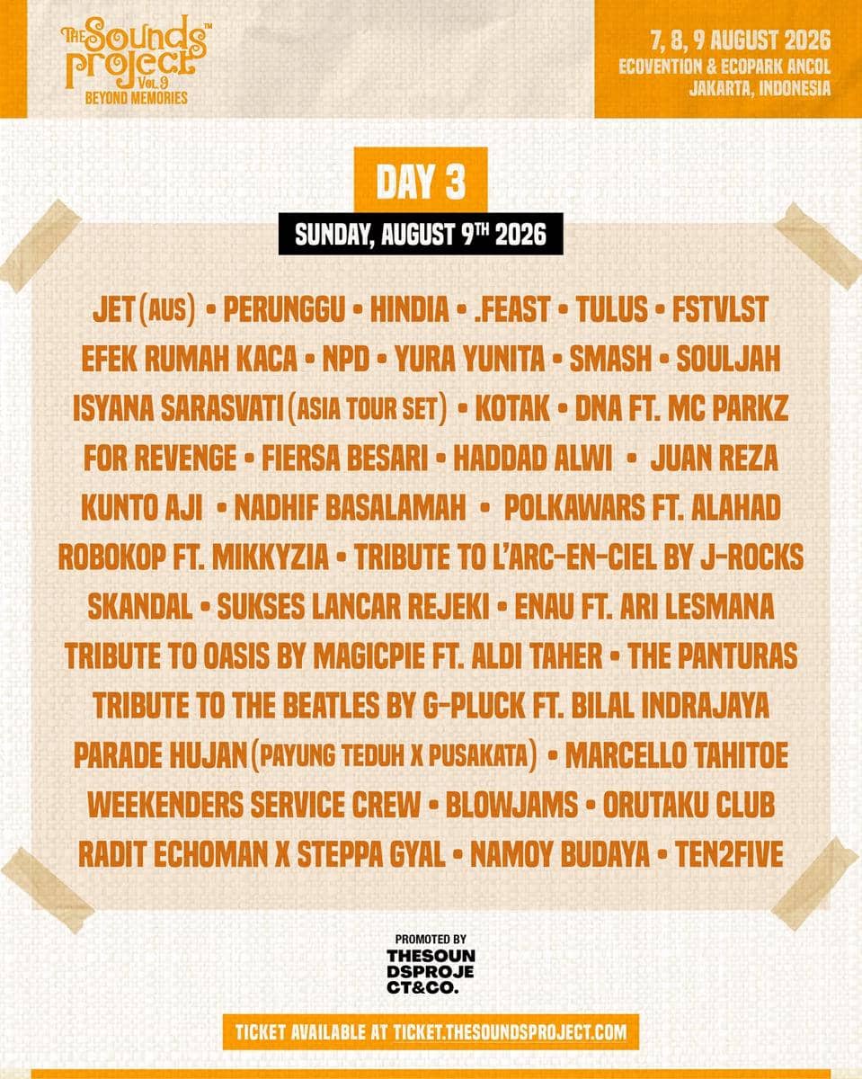 Rundown The Sounds Project Vol. 9 berisi jadwal dan informasi penampilan musisi dalam rangkaian festival musik.