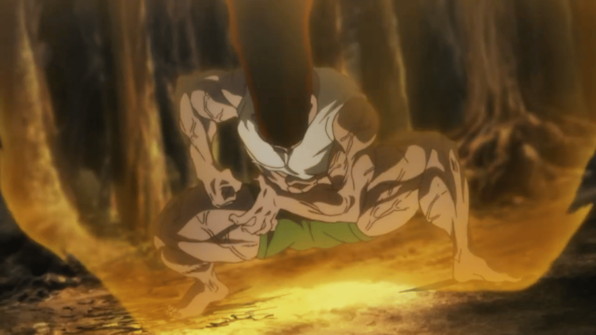 Gon dewasa dari Hunter x Hunter mengaktifkan jurus Jajanken Rock dengan kepalan tangan besar dalam pertarungan.
