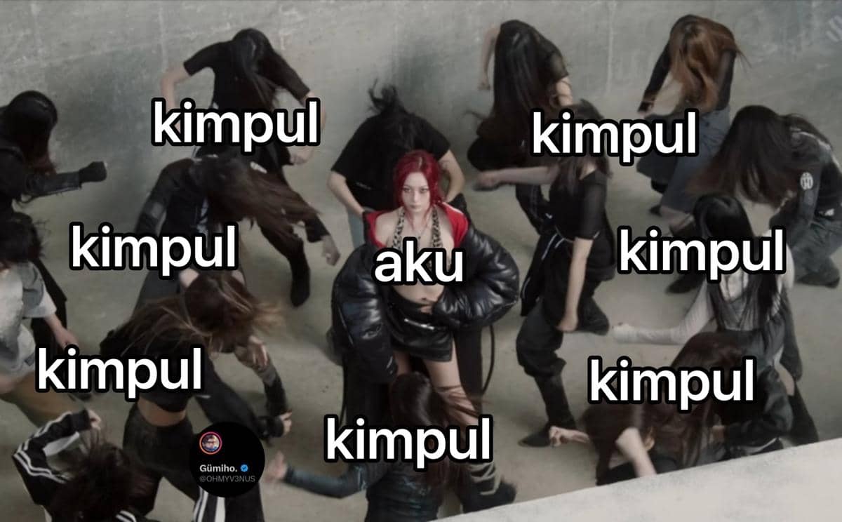 Tangkapan layar meme Kimpul dari akun X @OHMYV3NUS dengan teks humor yang menjadi bahan percakapan warganet.