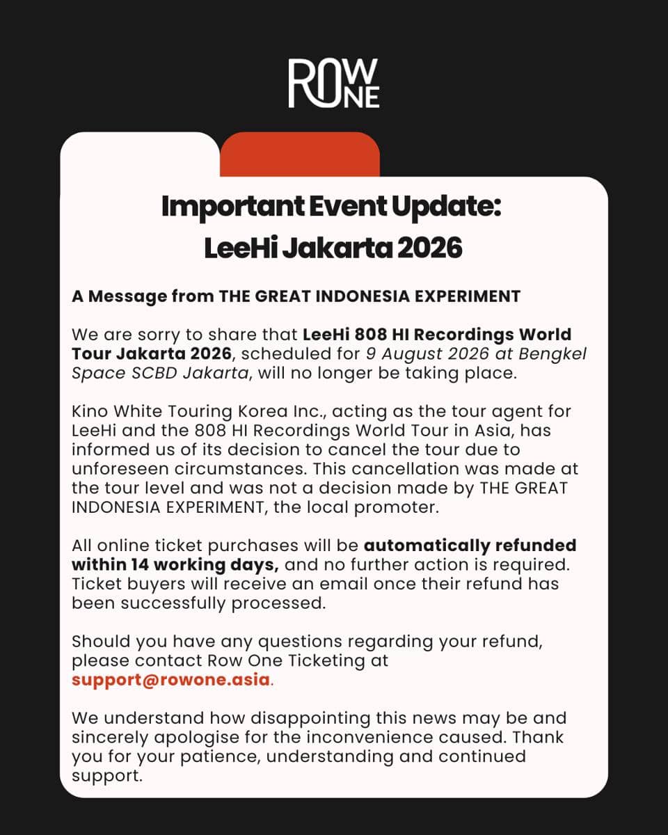 Tangkapan layar unggahan Rowone Tix di Instagram mengenai pembatalan konser penyanyi Korea Selatan Lee Hi.