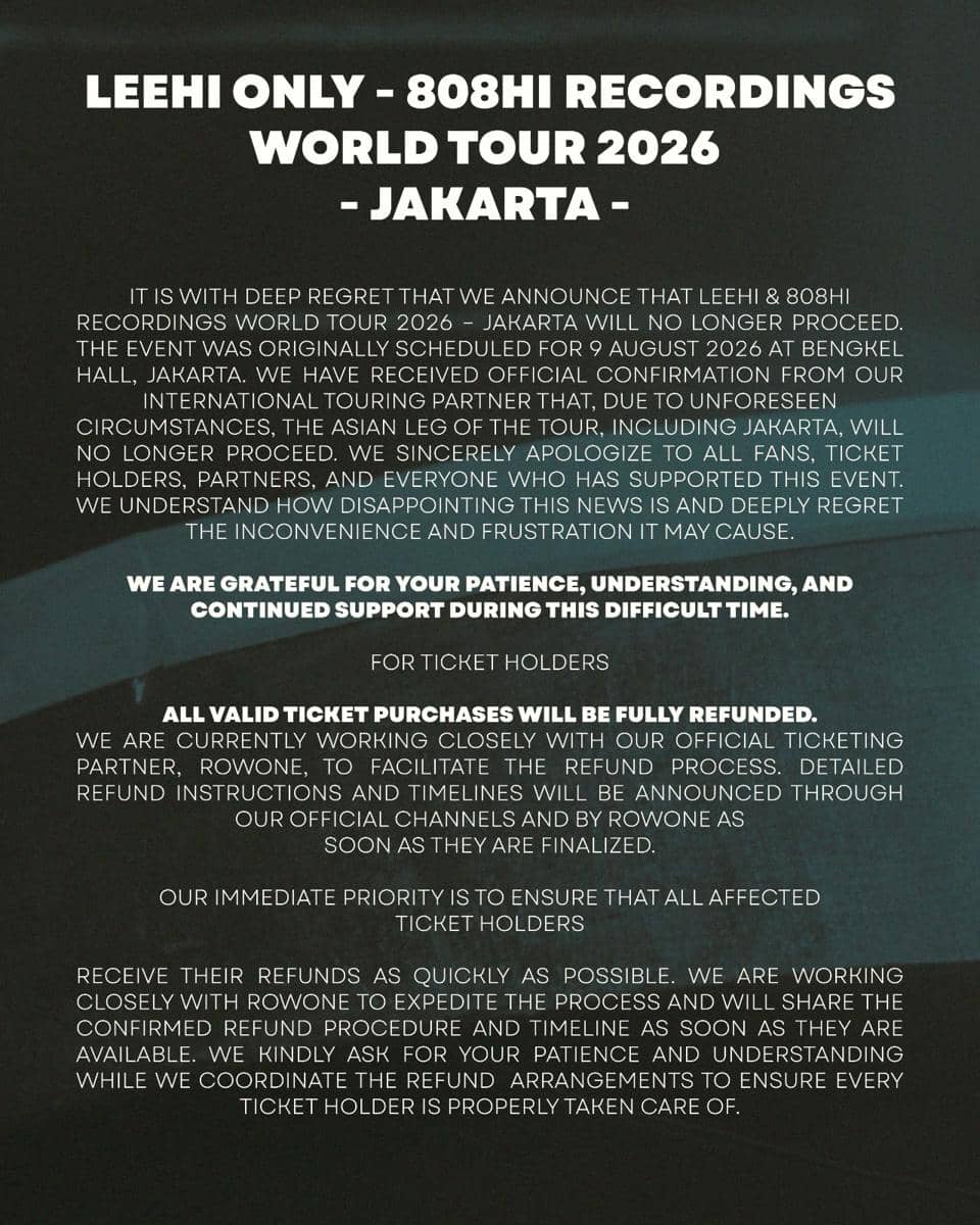 Poster pengumuman pembatalan konser penyanyi Lee Hi yang diunggah melalui akun Instagram the.great.indo.experiment.