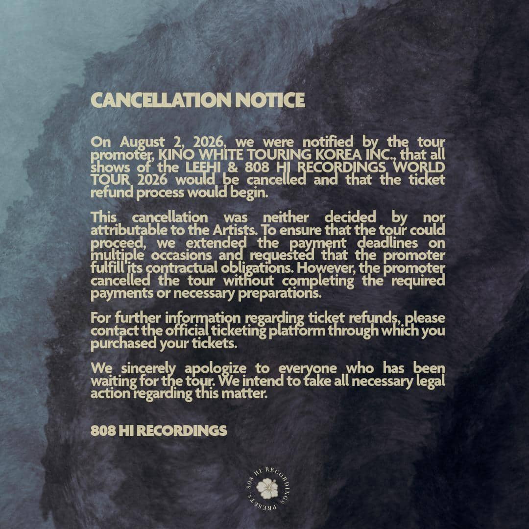 Unggahan Instagram dari 808 Hi Recordings berisi pengumuman resmi pembatalan konser penyanyi Lee Hi.