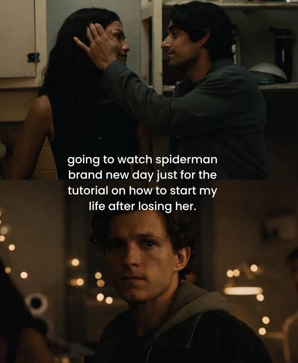Meme Peter Parker yang menggambarkan situasi relatable dalam kehidupan sehari-hari dengan nuansa humor.