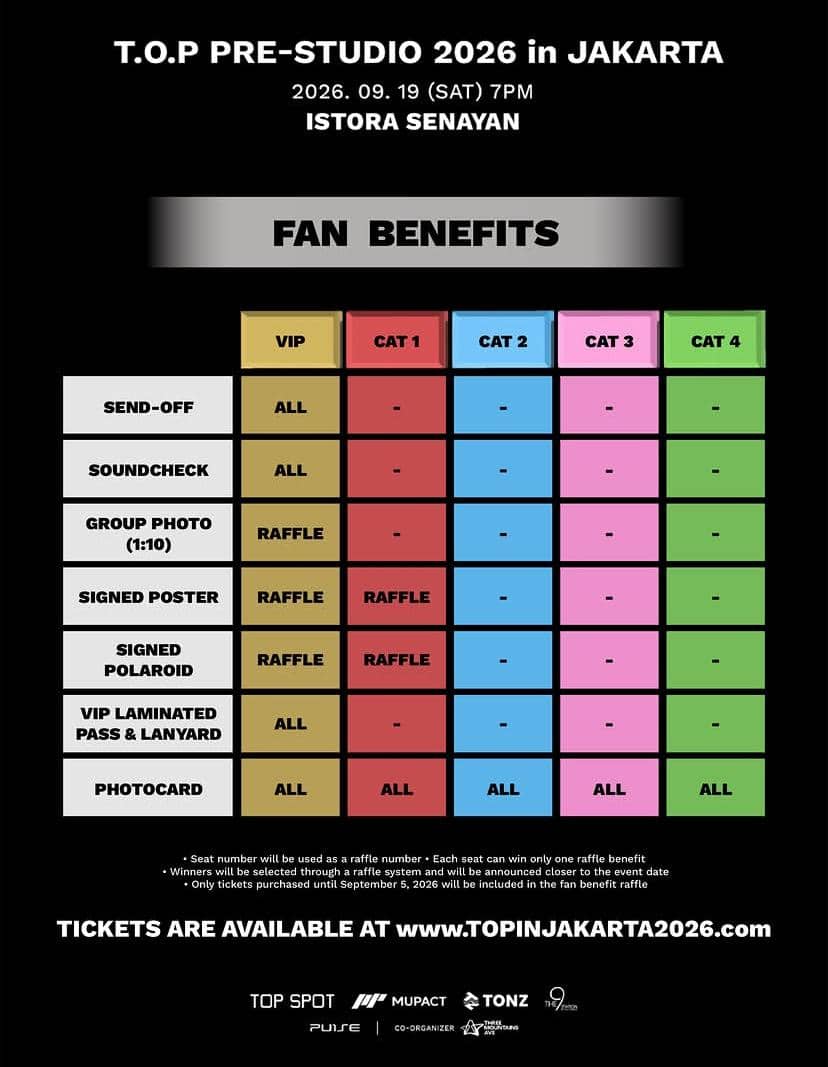 Informasi harga tiket fan meeting T.O.P di Jakarta pada 2026 yang diunggah melalui akun Three Mountains Save.