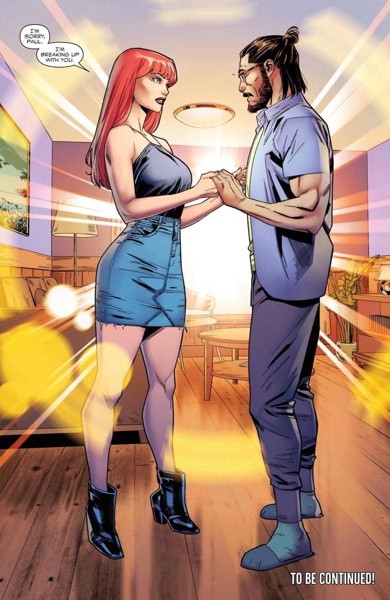 Ilustrasi panel komik memperlihatkan MJ bersama Paul Rabin dalam sebuah adegan dari cerita Marvel Comics.