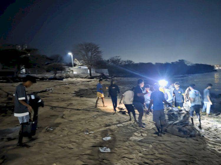 Petugas melakukan pengangkutan bangkai kapal serta pembersihan tumpahan minyak di perairan dalam operasi Polda NTT.