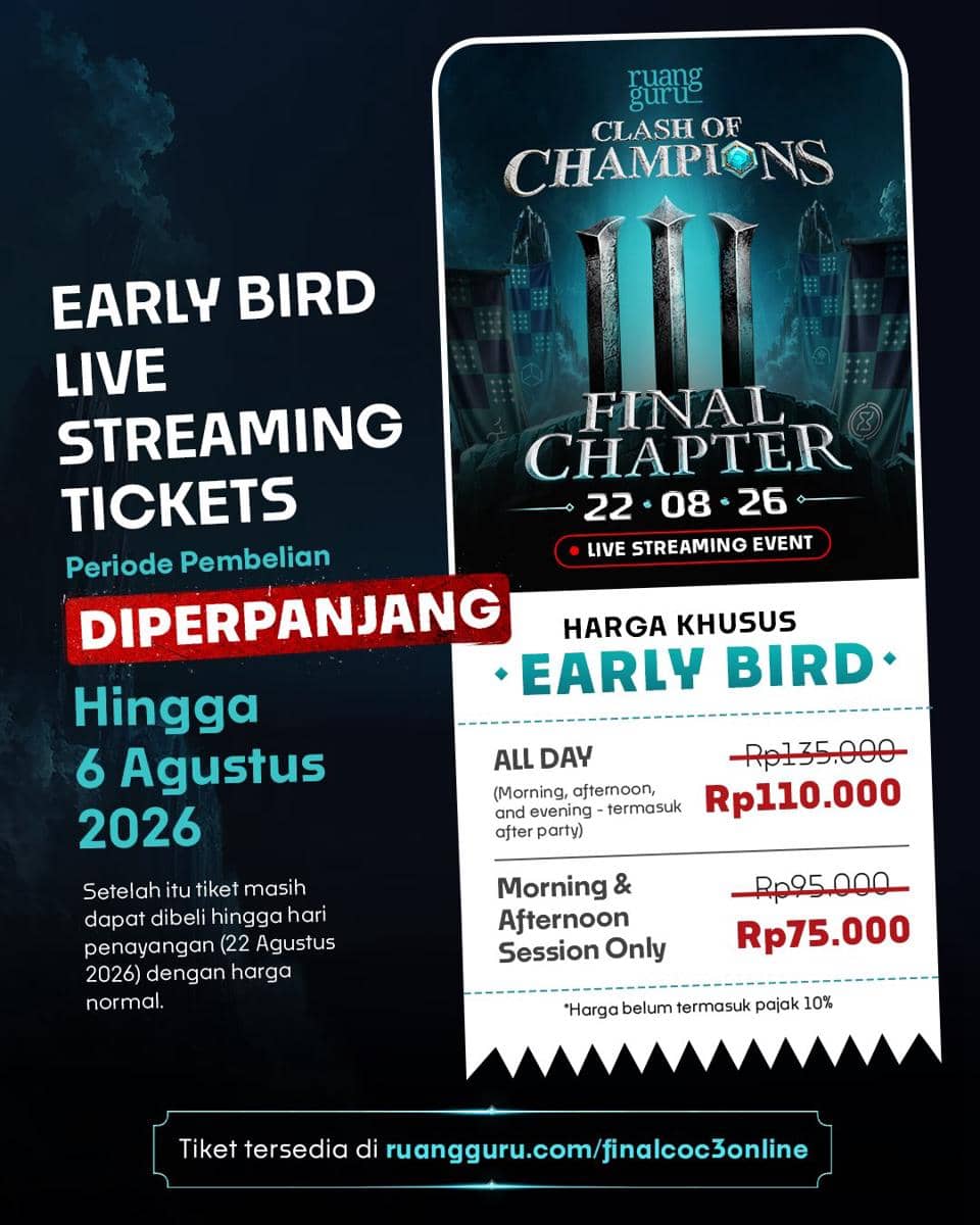 Poster informasi harga tiket live streaming Event Final Chapter Clash of Champions Season 3 dari Ruangguru.