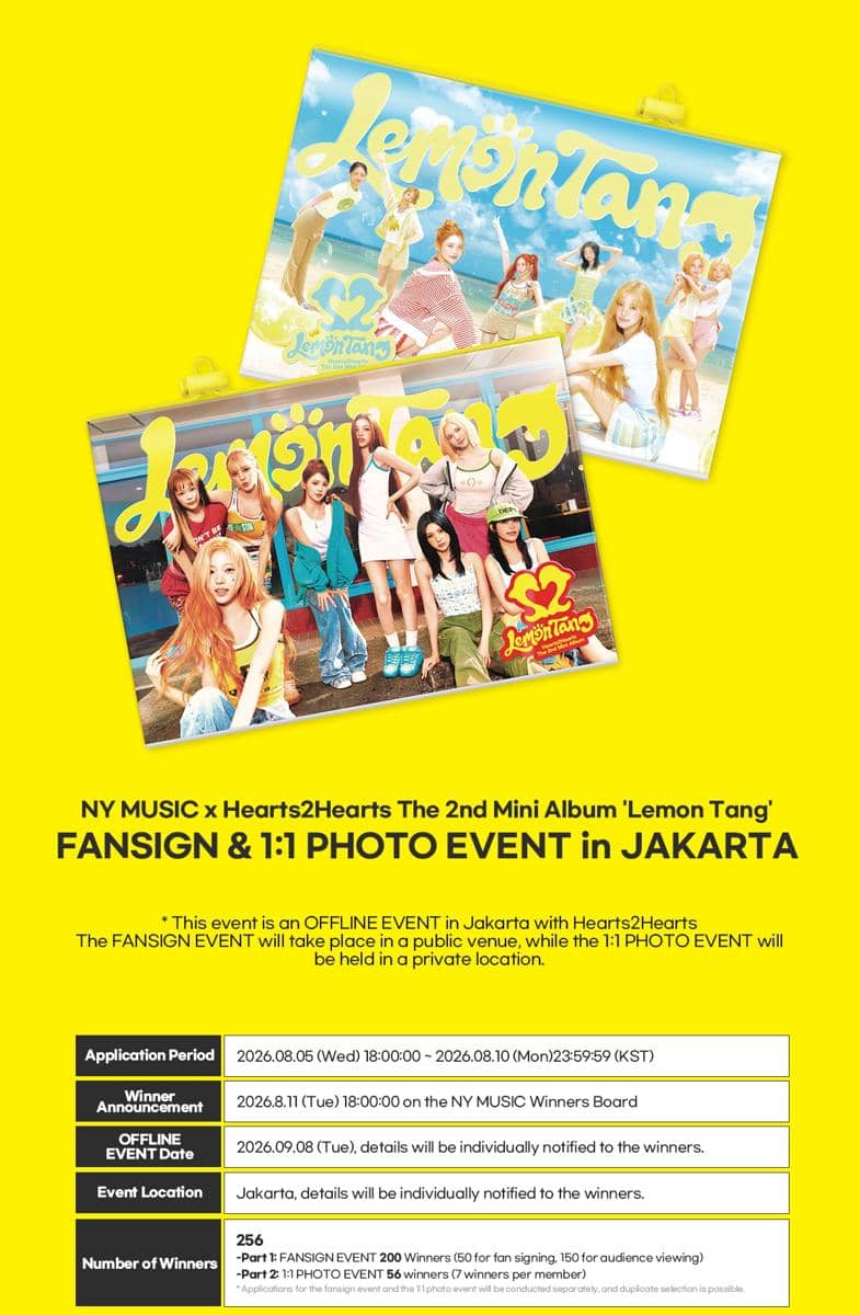 Poster informasi cara mengikuti Fansign & 1:1 Photo Event Hearts2Hearts di Jakarta yang dibagikan nymusickr.