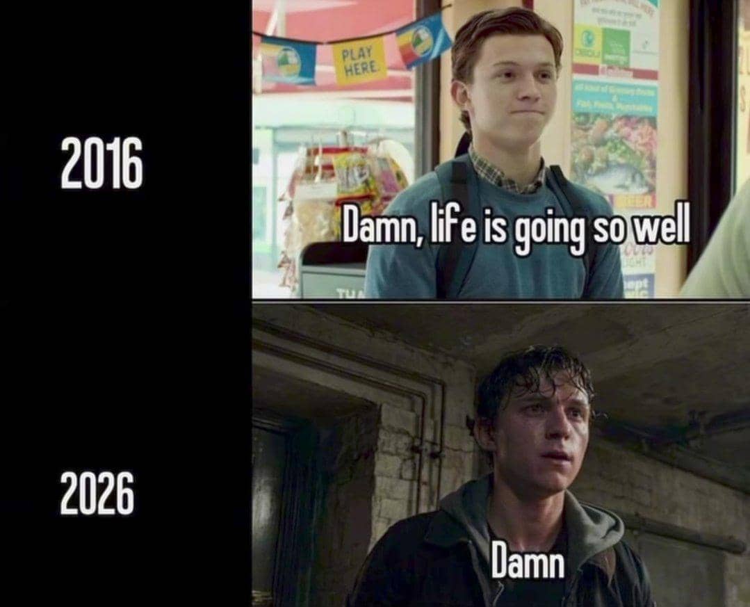 Meme menampilkan Peter Parker dengan ekspresi serius, disertai teks yang menggambarkan situasi relatable.