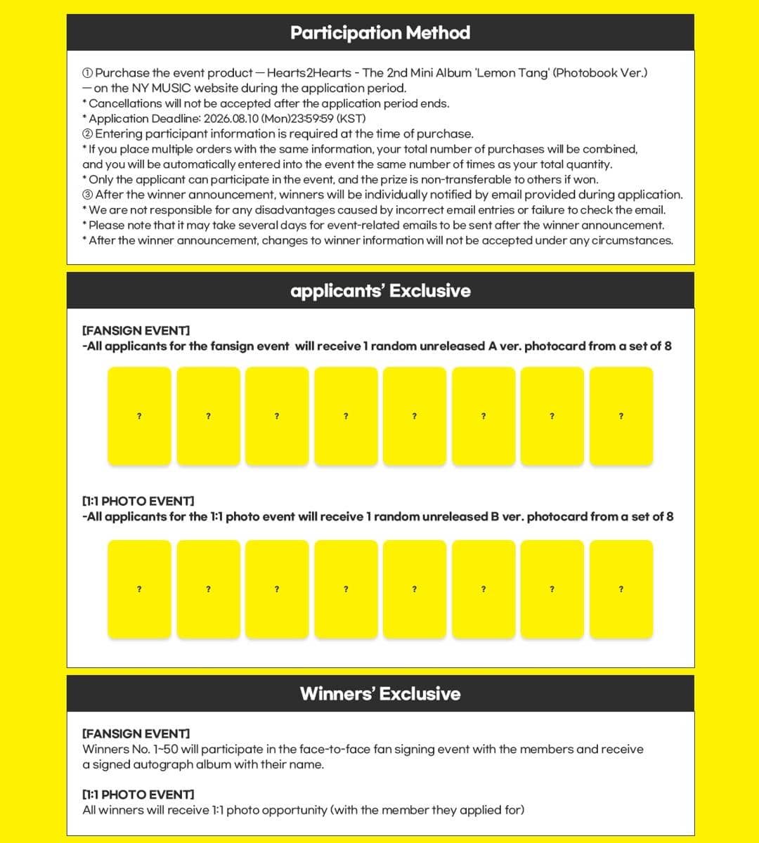 Poster informasi cara mengikuti acara Fansign & 1:1 Photo Event Hearts2Hearts di Jakarta dari nymusickr.