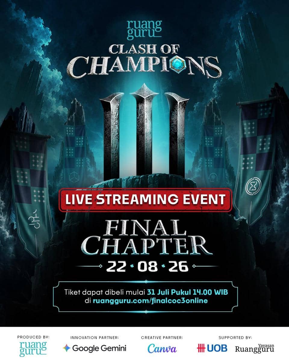 Poster informasi harga tiket live streaming acara Final Chapter Clash of Champions Season 3 dari Ruangguru.