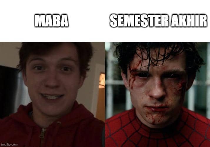 Meme tentang Peter Parker dari Spider-Man dengan teks yang menggambarkan situasi relatable bagi warganet.