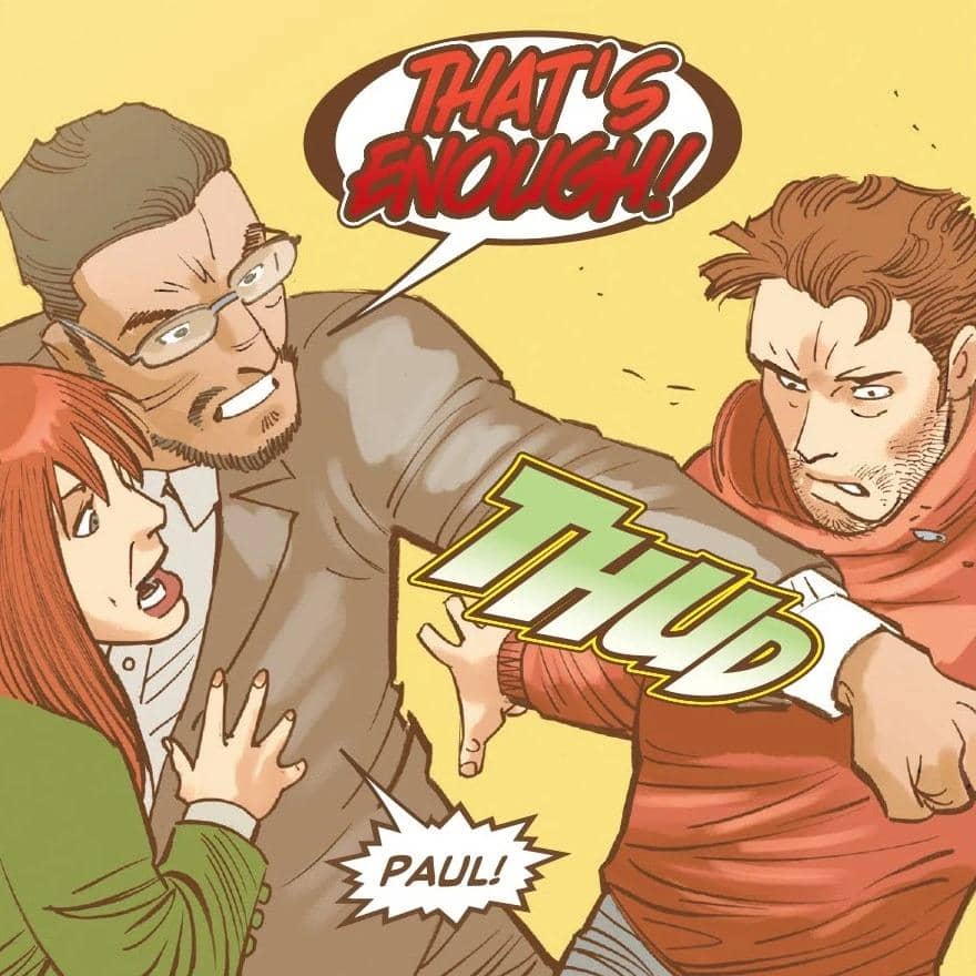 Ilustrasi karakter MJ dan Paul Rabin dari Marvel Comics dalam salah satu adegan materi komik resmi.