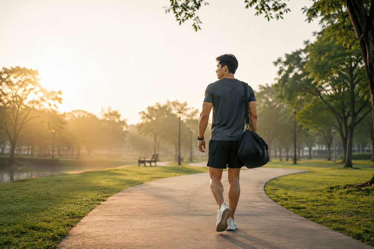 Seseorang berjalan santai di taman sebagai aktivitas active recovery.