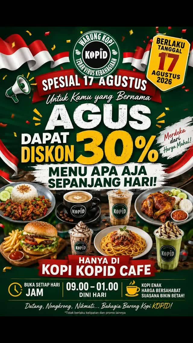 Promo nama Agus di Kopid Cafe and Resto