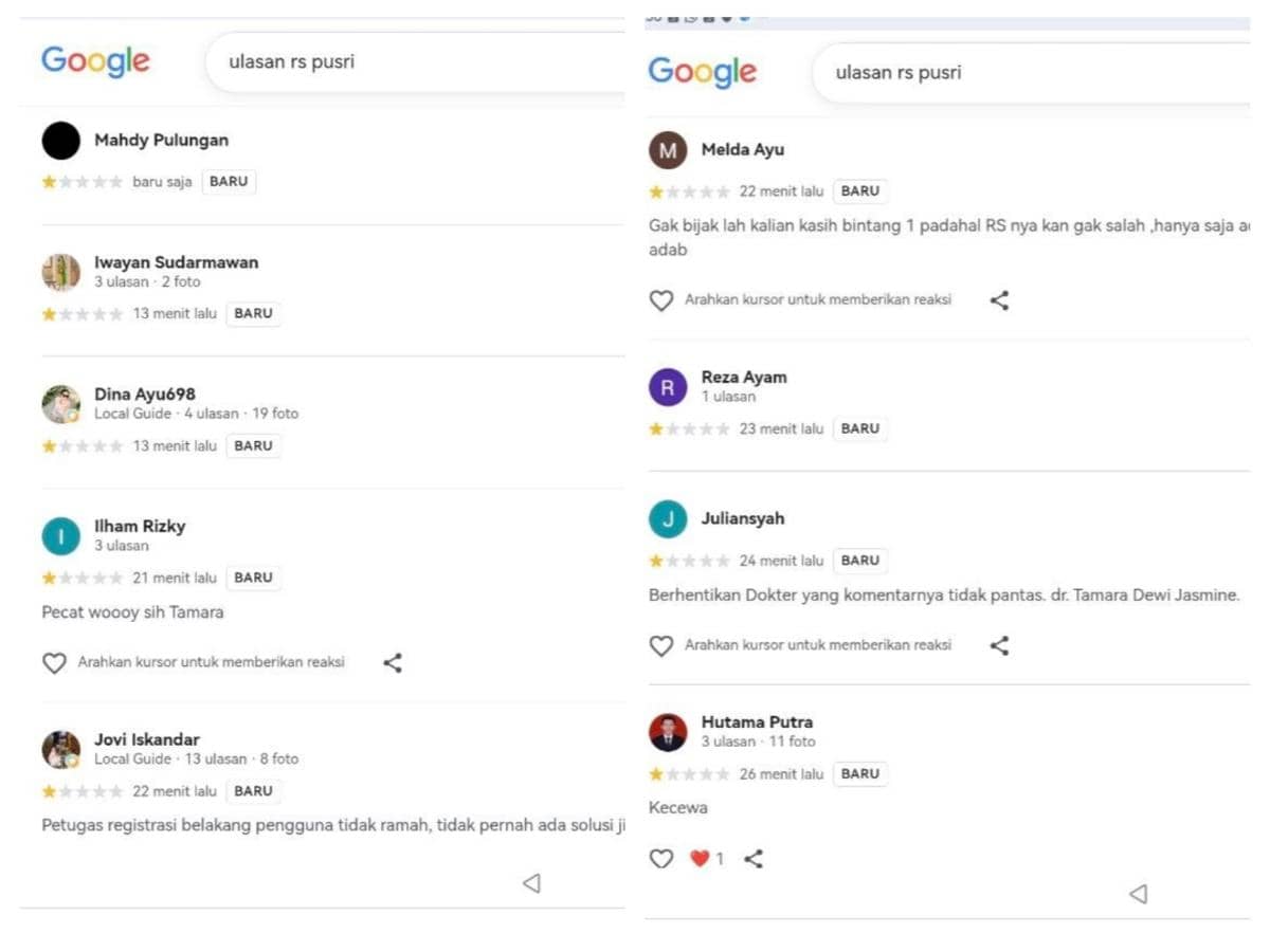 RS Pusri mendapatkan ulasan buruk di Google imbas komentar salah satu nakesnya di akun Threads.