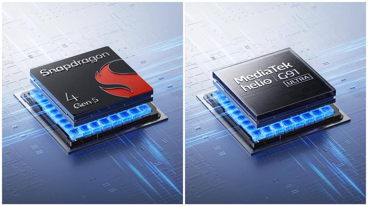ilustrasi CPU Qualcomm Snapdragon 4 Gen 5 (kiri) dan MediaTek Helio G91 Ultra (kanan)